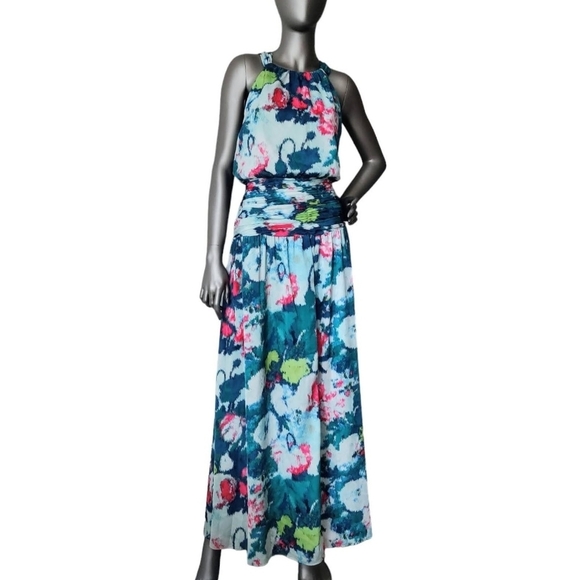 UNGARO Maureen Halter Maxi Dress M  Floral Blue Multi Ruched Waist Sleeveless - Picture 1 of 16